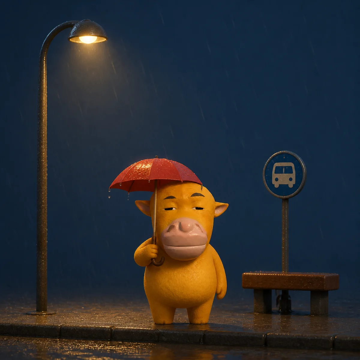 Original yellow cow standing alone in cinematic rain