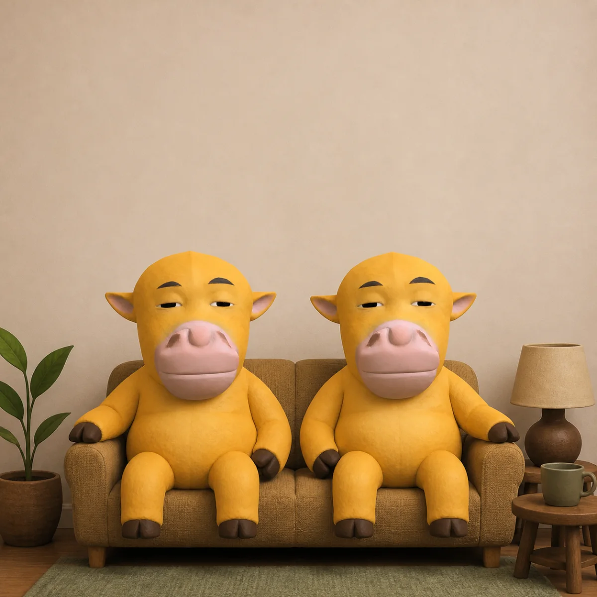 Original yellow cow sitting dramatically on a sofa