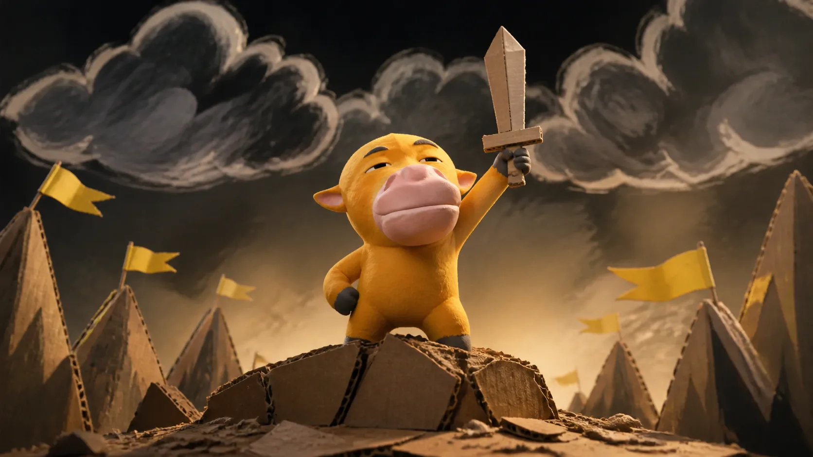 Original yellow cow hero on a handmade cardboard battlefield