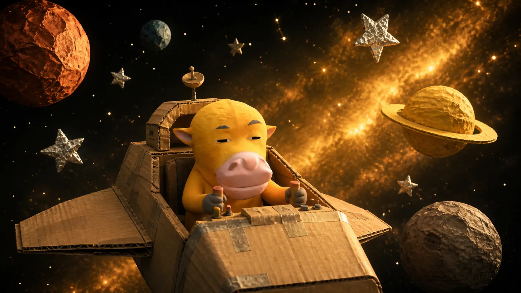 Original yellow cow piloting a cardboard spaceship